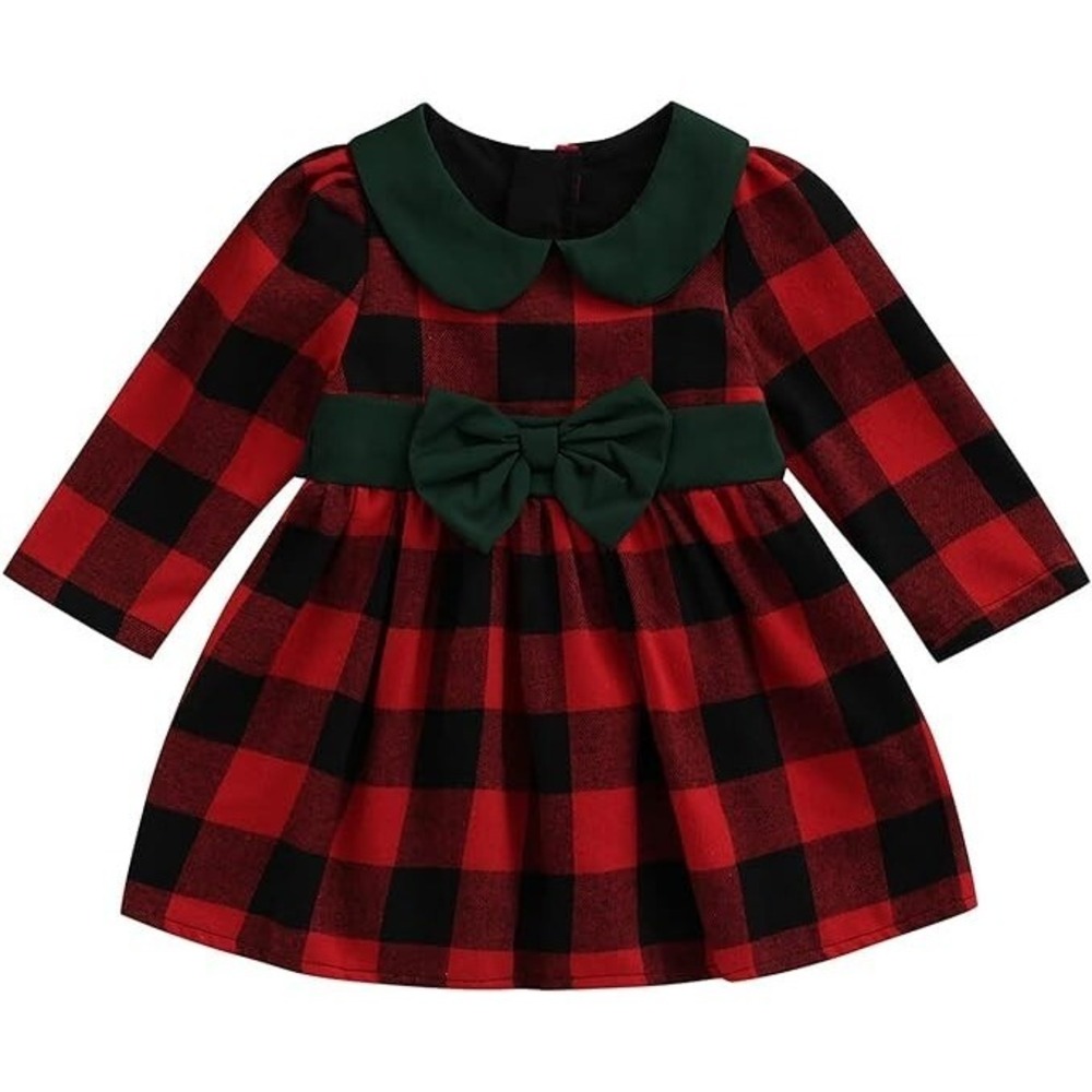 Toddler Baby Girls Christmas Dress Outfit Black/ Red Plaid Dress Longslev  6-12M